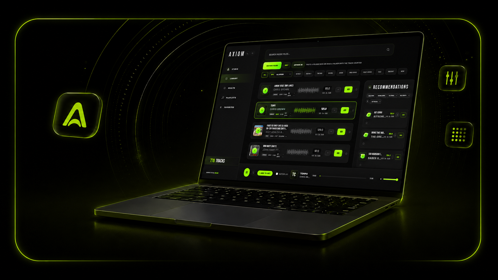 Laptop running the AXIOM DJ cockpit interface